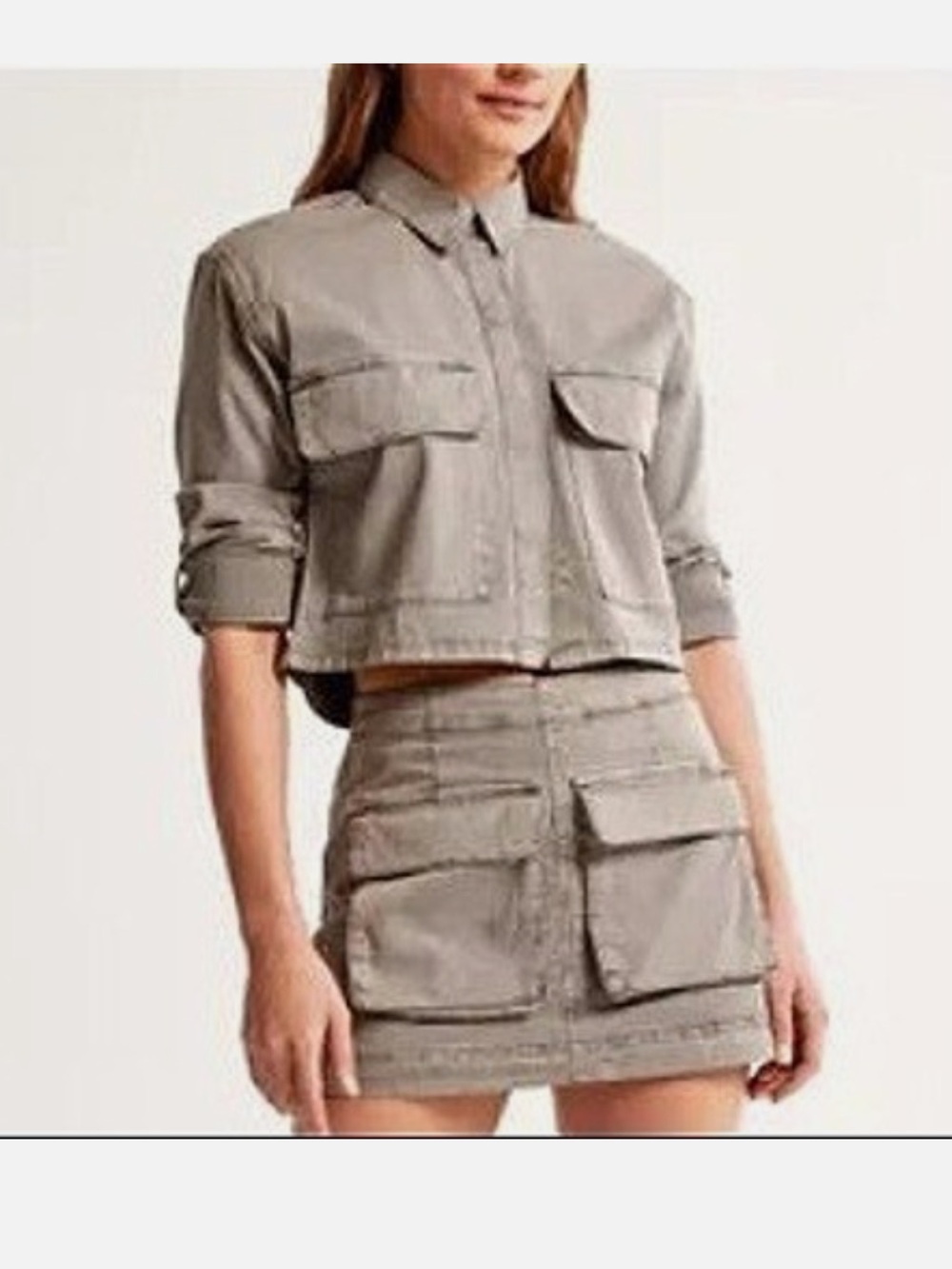 Abercrombie & Fitch Taupe Gray Cropped Utility Jacket + Matching Skort